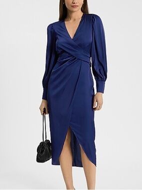 Express Midnight Blue Satin Wrap Midi Dress